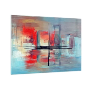 Impression sur verre - Image sur verre - Une abstraction colorée avec du rouge et du bleu, inspirée d'un paysage. - 70x50cm - Un paysage dans une dimension inconnue - Décoration murale moderne pour le salon et la chambre ARTTOR