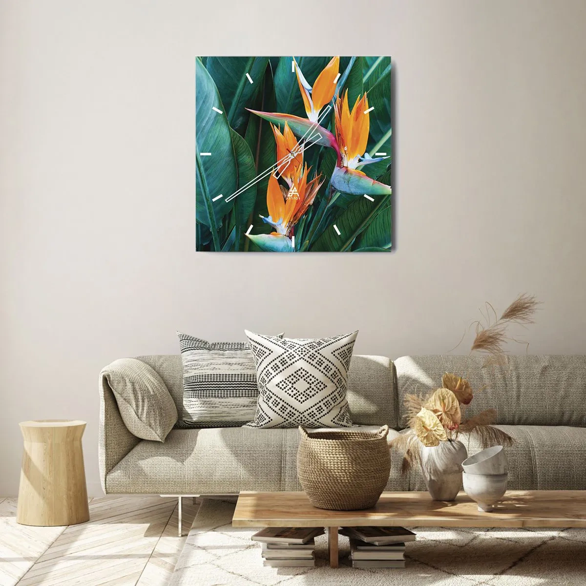 Horloge murale - Pendule murale - Fleurs de strelitzia exotiques entourées de feuilles vertes - 30x30cm - Est-ce une fleur, est-ce un oiseaux? - Décoration murale moderne pour le salon et la chambre ARTTOR