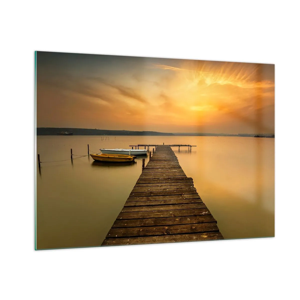Impression sur verre - Image sur verre - Jetée sur le lac au coucher du soleil avec un bateau - 100x70cm - Je t'ouvrirai le ciel d'or - Décoration murale moderne pour le salon et la chambre ARTTOR