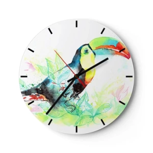 Horloge murale - Pendule murale - Toucan sur fond de feuilles tropicales aux couleurs aquarelles - 30x30cm - Aussi coloré que l'Amérique du Sud - Décoration murale moderne pour le salon, la cuisine et la chambre ARTTOR