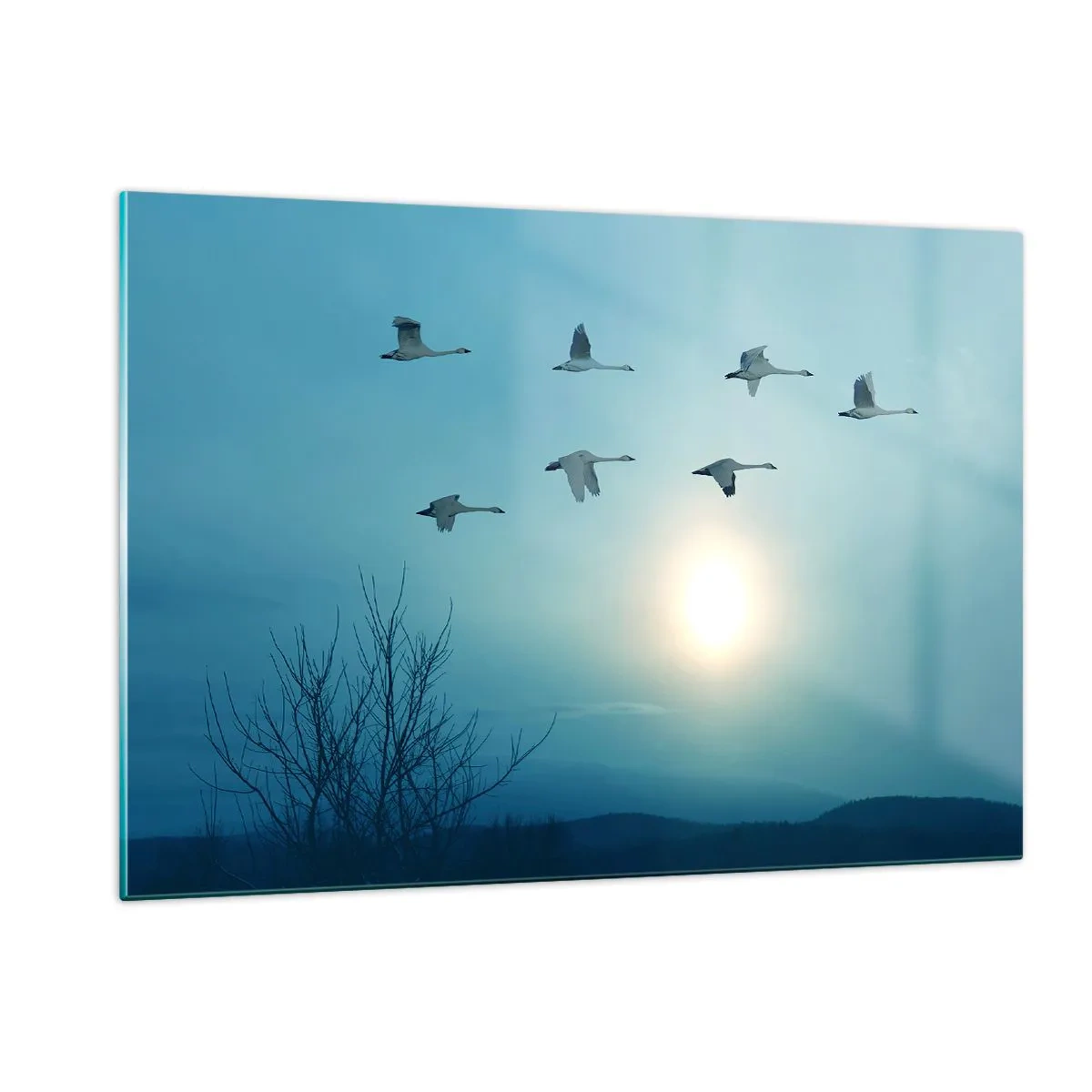Impression sur verre - Image sur verre - Cygnes volants sur fond de soleil couchant et de paysage hivernal - 120x80cm - Dis au revoir à l'été pour un an - Décoration murale moderne pour le salon et la chambre ARTTOR