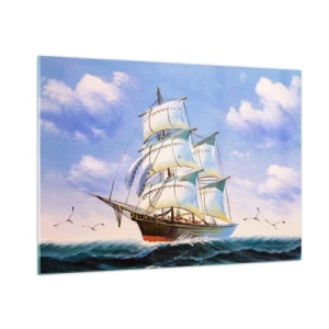 Impression sur verre - Image sur verre - Un voilier en haute mer sous un ciel bleu - 100x70cm - Fièrement avec le vent - Décoration murale moderne pour le salon et la chambre ARTTOR