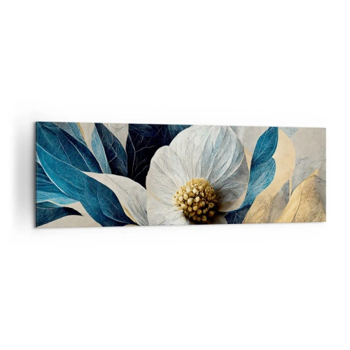 Impression sur toile - Image sur toile - Une fleur aux feuilles bleues sur un fond élégant - 160x50cm - Il a un coeur d'or - Décoration murale moderne pour le salon et la chambre ARTTOR