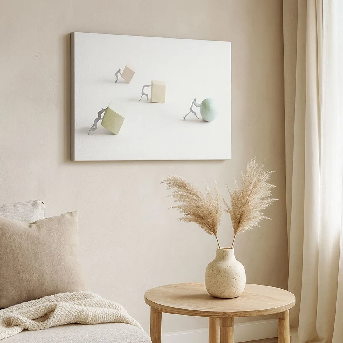 Impression sur toile - Image sur toile - Figurines miniatures poussant des formes sur un fond clair - 70x50cm - Rien que la vie - Décoration murale moderne pour le salon et la chambre ARTTOR