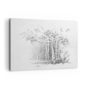Impression sur toile - Image sur toile - Un dessin d'une forêt de bouleaux dans un croquis au crayon subtil - 120x80cm - Lumière d'une forêt de bouleaux - Décoration murale moderne pour le salon et la chambre ARTTOR