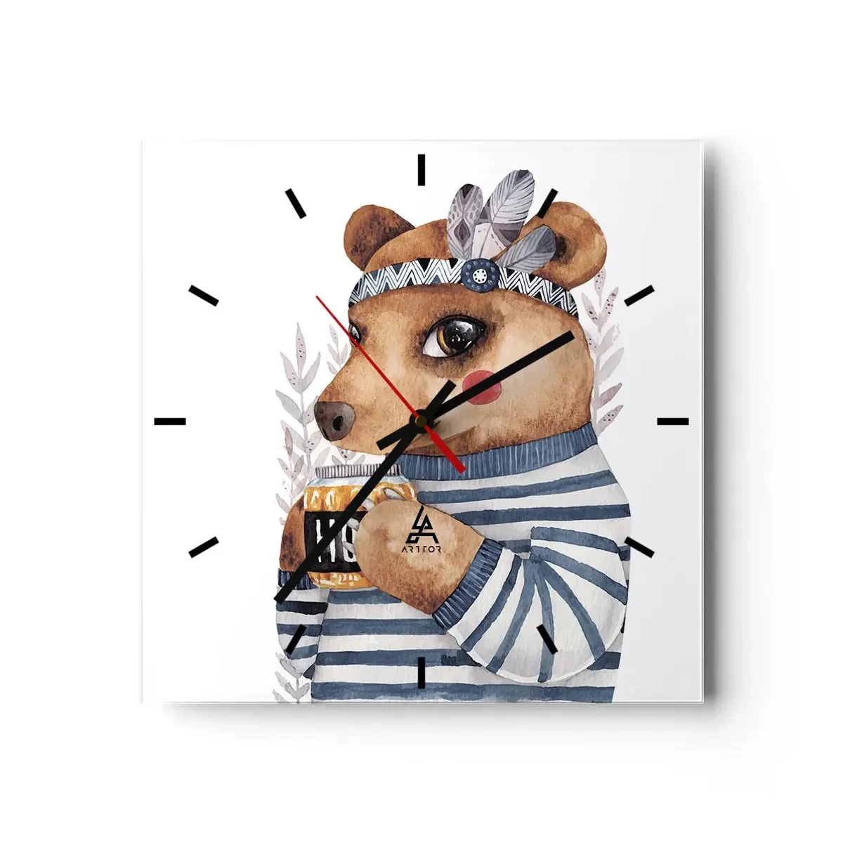 Horloge murale - Pendule murale - Un ours en peluche dans un pull rayé avec une tasse de miel - 30x30cm - Un nounours trop mignon - Décoration murale moderne pour le salon et la chambre ARTTOR