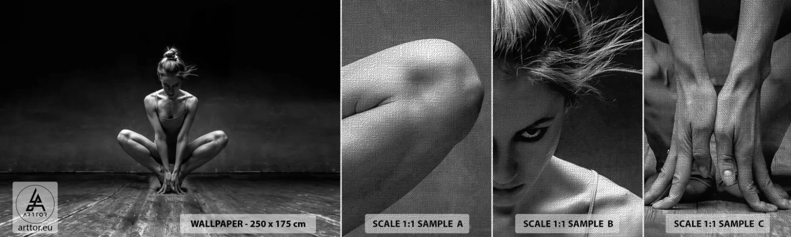 Échantillon de Papier Peint Premium Canvas - Concentration de l'énergie de la danse - Danseur, Femme, Noir et blanc - 100x30 cm