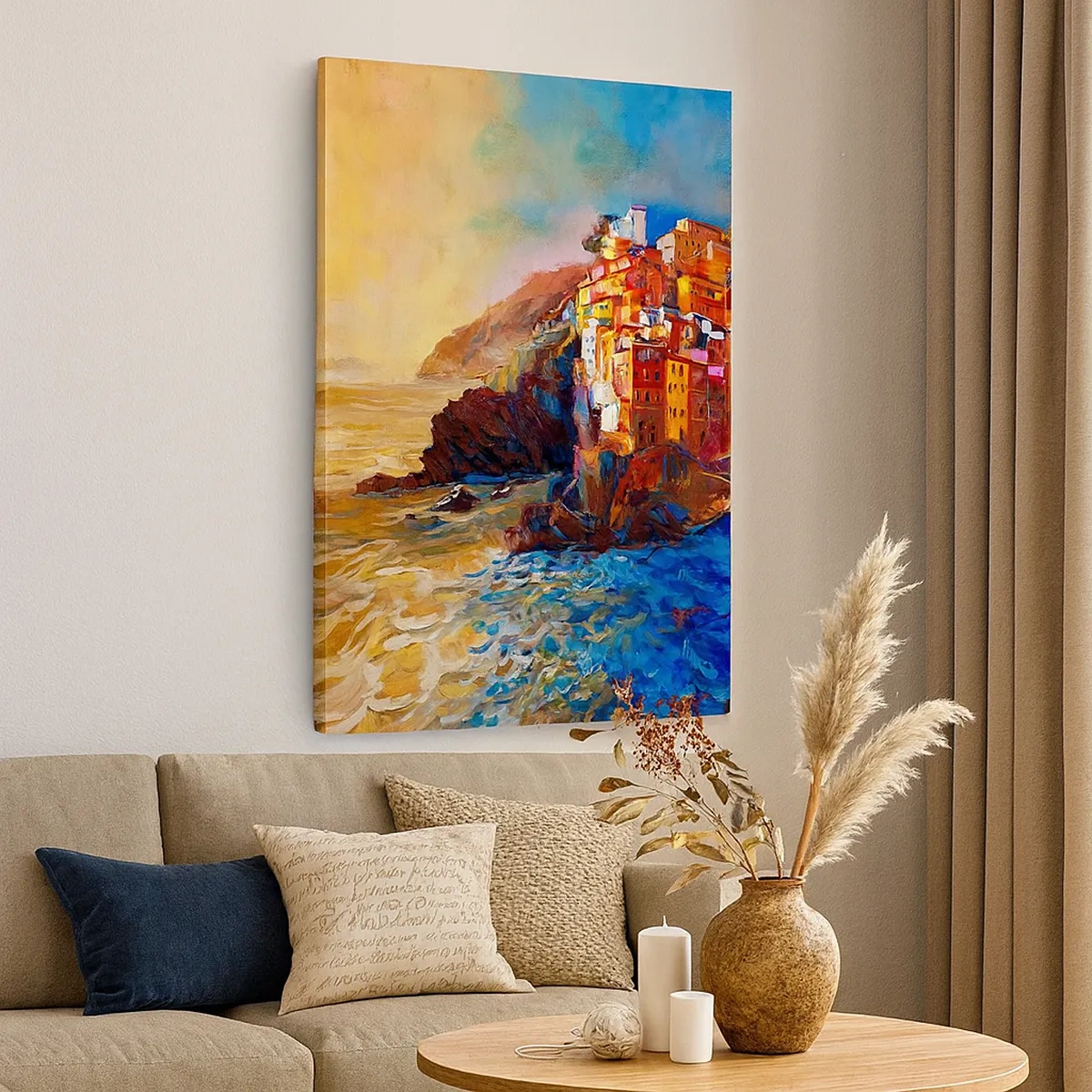 Impression sur toile - Image sur toile - Maisons colorées sur une falaise au-dessus de la mer - 50x70cm - Climats italien - Décoration murale moderne pour le salon et la chambre ARTTOR