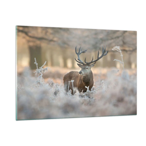 Impression sur verre - Image sur verre - Un cerf dans une clairière gelée entourée d'une forêt hivernale - 120x80cm - Une matinée animée - Décoration murale moderne pour le salon et la chambre ARTTOR