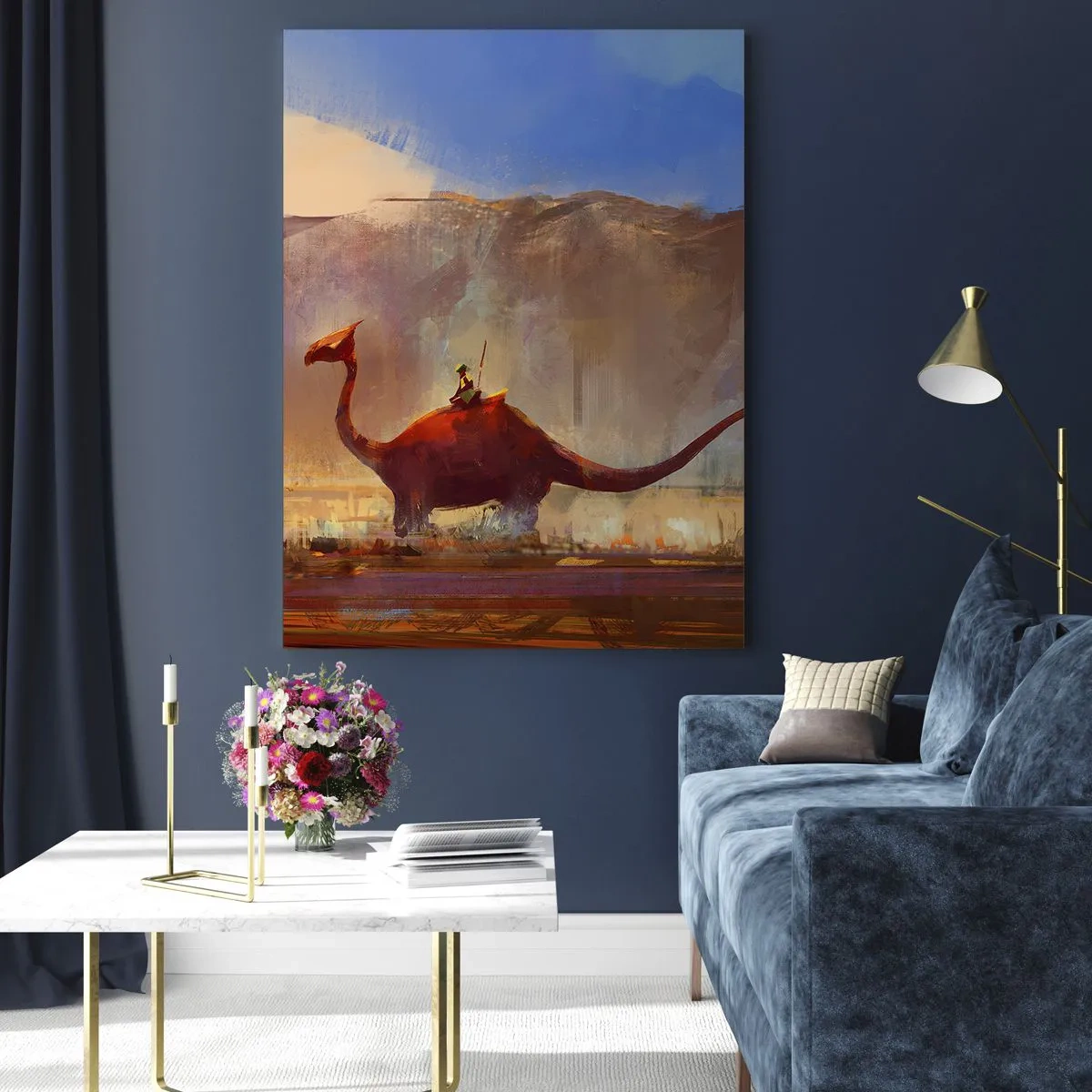 Impression sur verre - Image sur verre - Un paysage fantastique avec un cavalier sur une créature préhistorique - 50x70cm - S'ils n'avaient pas disparu - Décoration murale moderne pour le salon et la chambre ARTTOR
