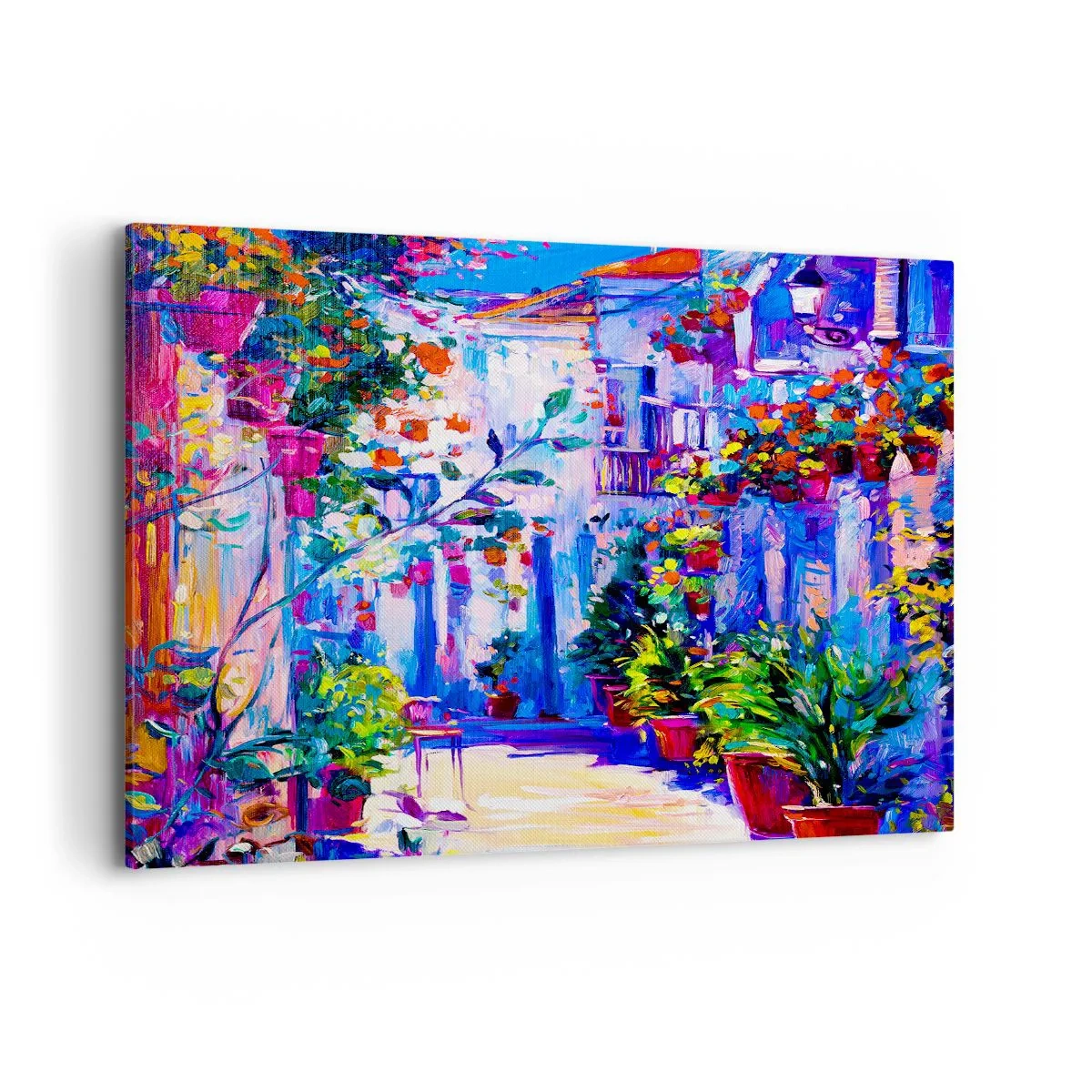Impression sur toile - Image sur toile - Une rue colorée pleine de fleurs - 100x70cm - Impression - une rue italienne - Décoration murale moderne pour le salon et la chambre ARTTOR