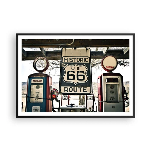 Affiche dans un cadre noir - Poster - Station-service historique de la Route 66 - 100x70cm - Voyage rétro américain - Décoration murale moderne pour le salon et la chambre ARTTOR