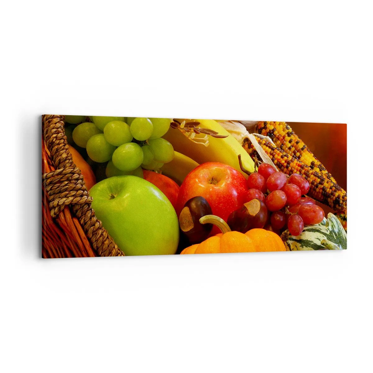Impression sur toile - Image sur toile - Un panier de fruits, de citrouilles et de maïs sur fond de couleurs d'automne. - 120x50cm - Panier de récolte - Décoration murale moderne pour le salon et la chambre ARTTOR