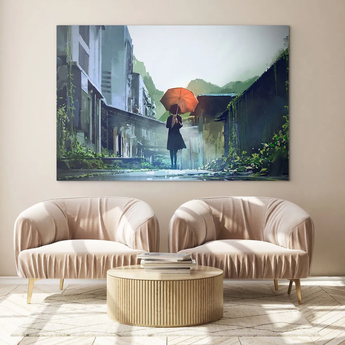 Impression sur verre - Image sur verre - Une silhouette avec un parapluie orange dans une rue pluvieuse - 100x70cm - Pluie vivifiante - Décoration murale moderne pour le salon et la chambre ARTTOR