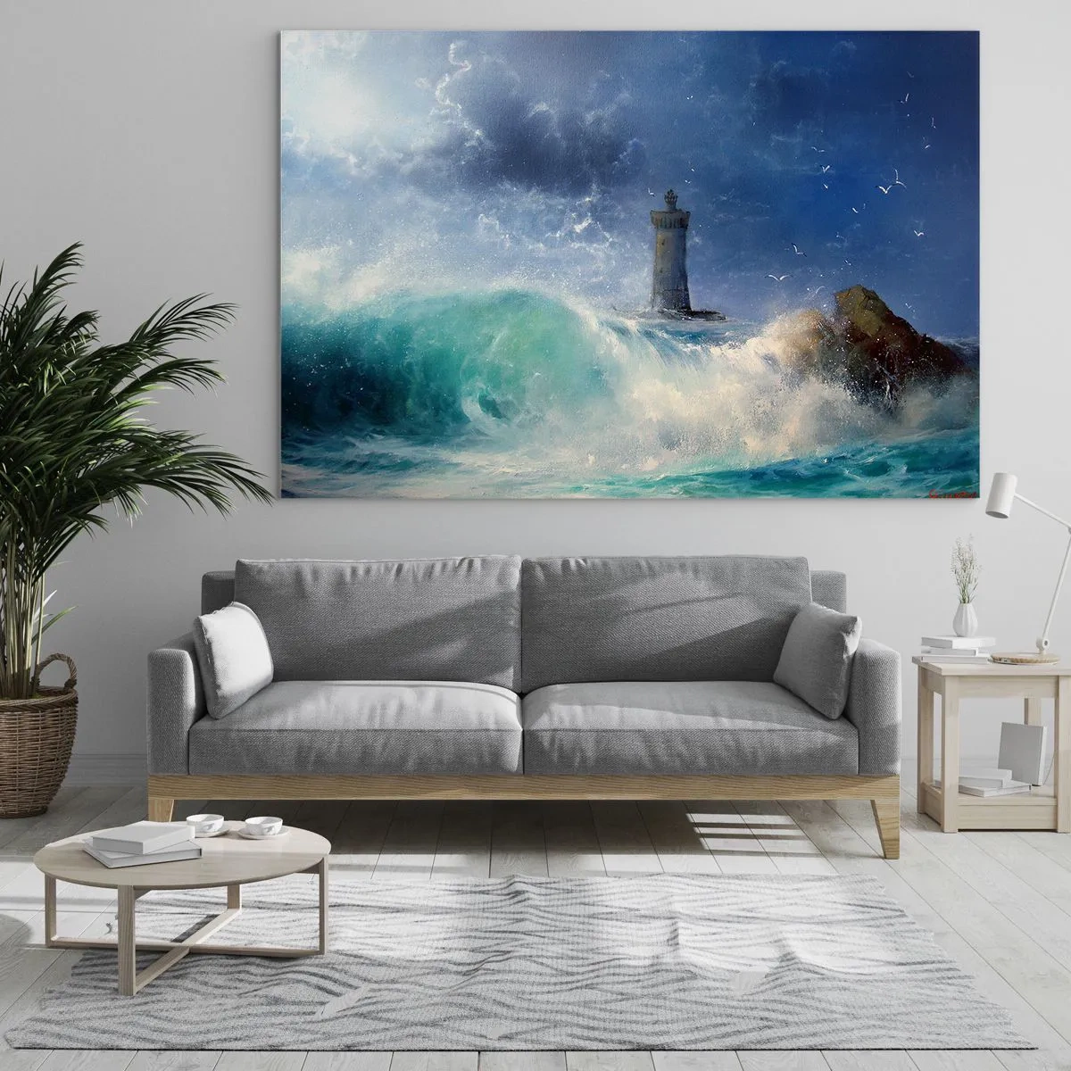 Impression sur verre - Image sur verre - Un phare parmi les vagues agitées de l'océan - 120x80cm - En garde contre les éléments - Décoration murale moderne pour le salon et la chambre ARTTOR