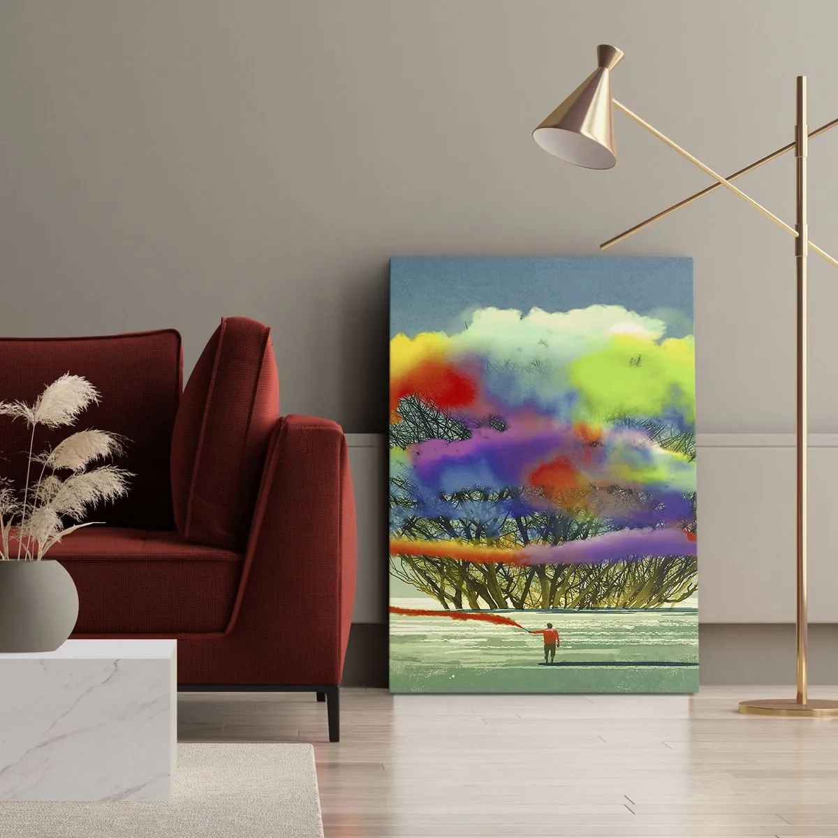 Impression sur toile - Image sur toile - Une silhouette avec de la fumée colorée à l'arrière-plan d'un arbre dans la nature - 80x120cm - Donner vie à ce monde - Décoration murale moderne pour le salon et la chambre ARTTOR