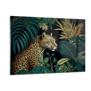 Impression sur verre - Image sur verre - Un léopard parmi des feuilles tropicales sur un fond sombre - 120x80cm - Un hôte dans la jungle - Décoration murale moderne pour le salon et la chambre ARTTOR