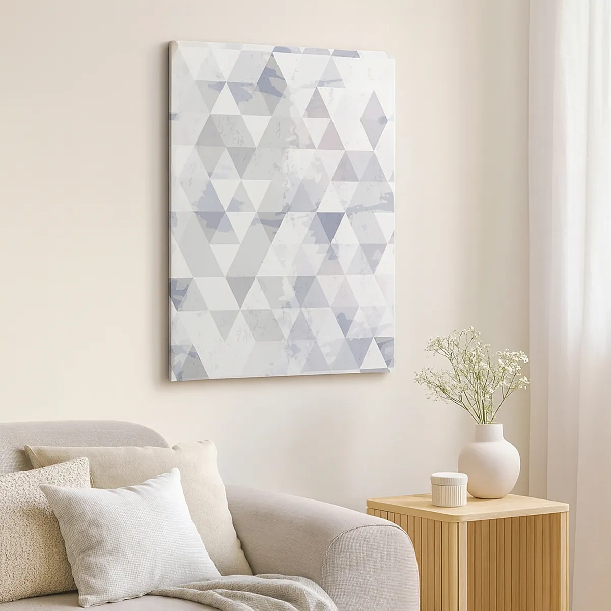 Impression sur toile - Image sur toile - Motif géométrique triangulaire dans des tons pastel - 50x70cm - En rythme de trois - Décoration murale moderne pour le salon et la chambre ARTTOR