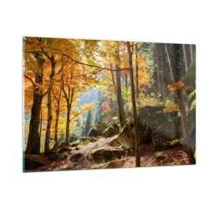 Impression sur verre - Image sur verre - Forêt d'automne avec rayons de soleil et pierres - 120x80cm - Il est temps de se détendre - Décoration murale moderne pour le salon et la chambre ARTTOR