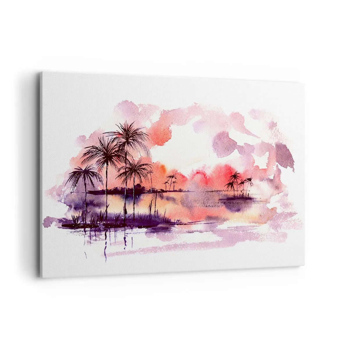 Impression sur toile - Image sur toile - Paysage tropical avec palmiers au coucher du soleil à l'aquarelle - 100x70cm - La tranquillité des tropiques en rouge - Décoration murale moderne pour le salon et la chambre ARTTOR