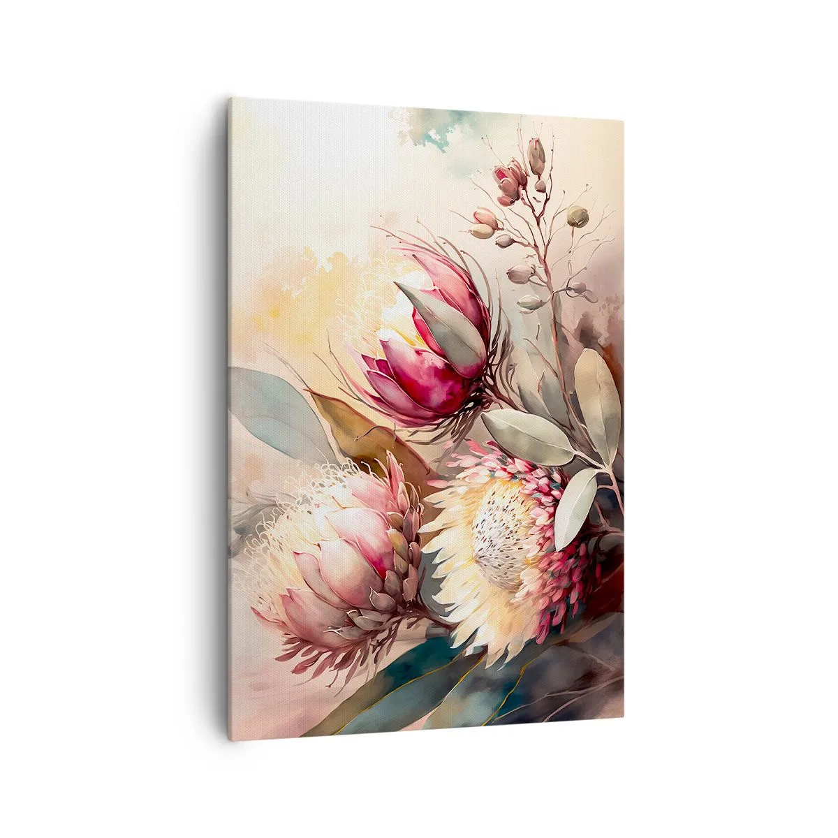 Impression sur toile - Image sur toile - Fleurs de Protea aux tons pastel délicats - 70x100cm - De profil et de face - Décoration murale moderne pour le salon et la chambre ARTTOR