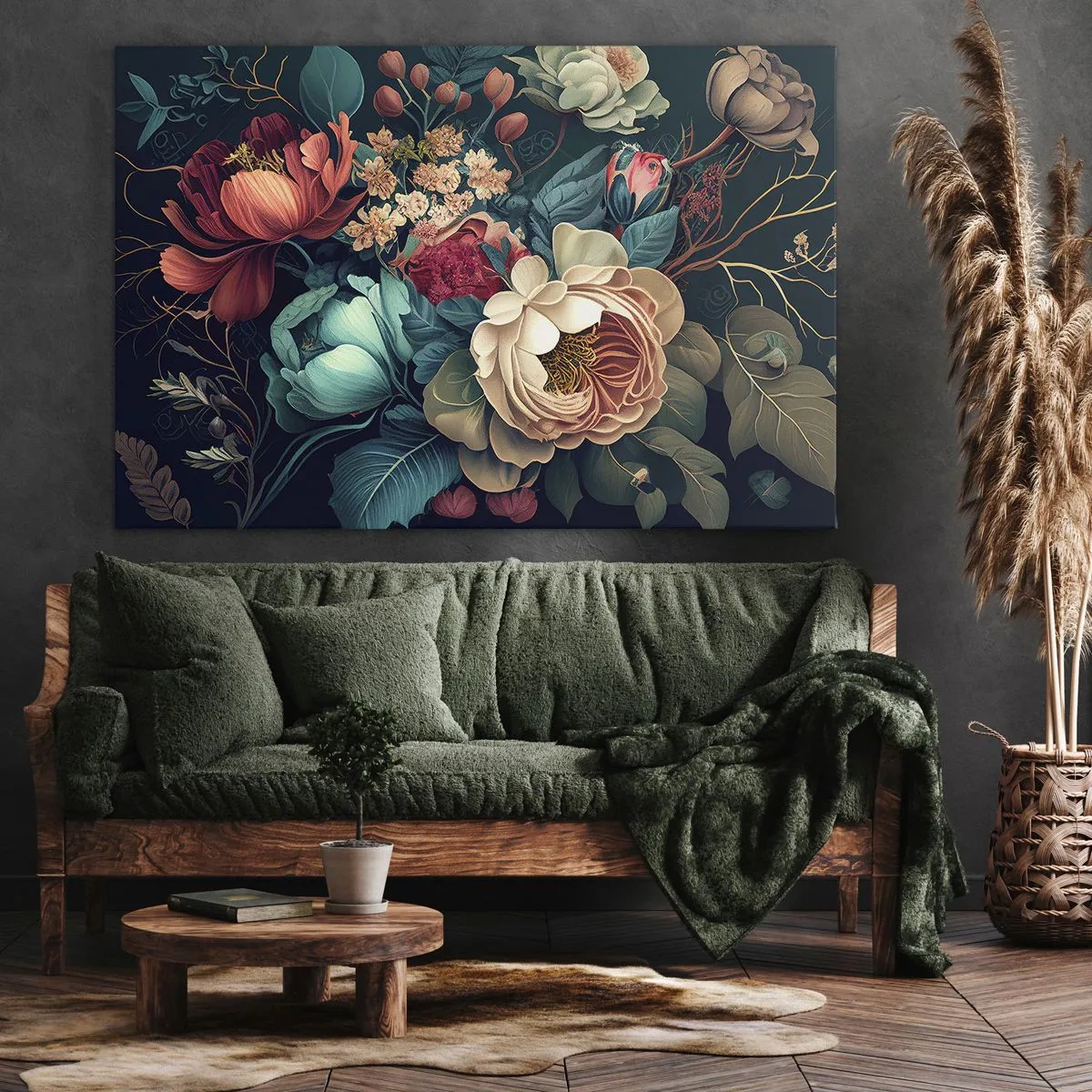 Impression sur toile - Image sur toile - Une composition colorée de fleurs sur un fond sombre - 100x70cm - le charme du 19ème siècle - Décoration murale moderne pour le salon et la chambre ARTTOR