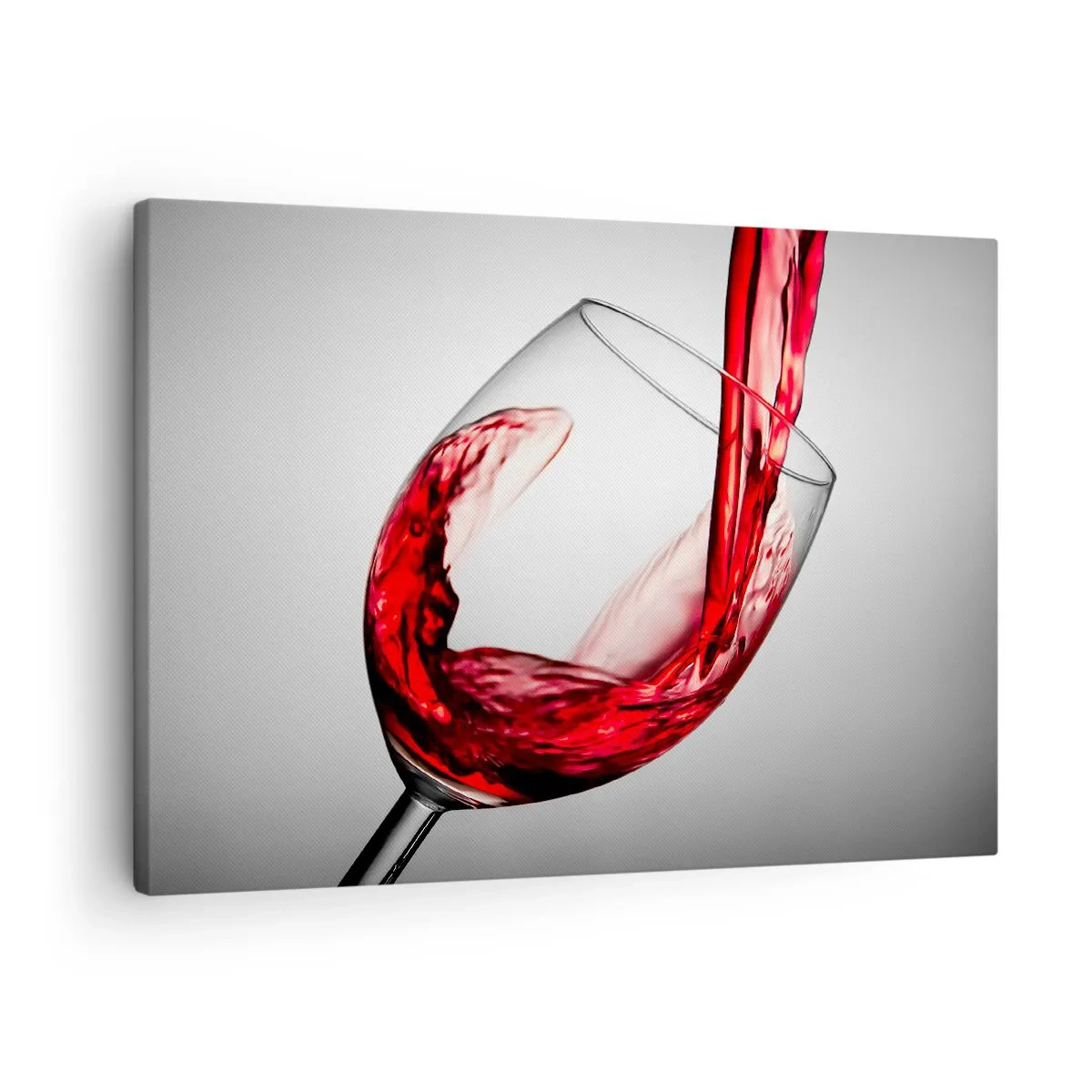 Impression sur toile - Image sur toile - Un verre de vin rouge versé sur un fond clair - 70x50cm - Nuance - mouvement - son - Décoration murale moderne pour le salon et la chambre ARTTOR