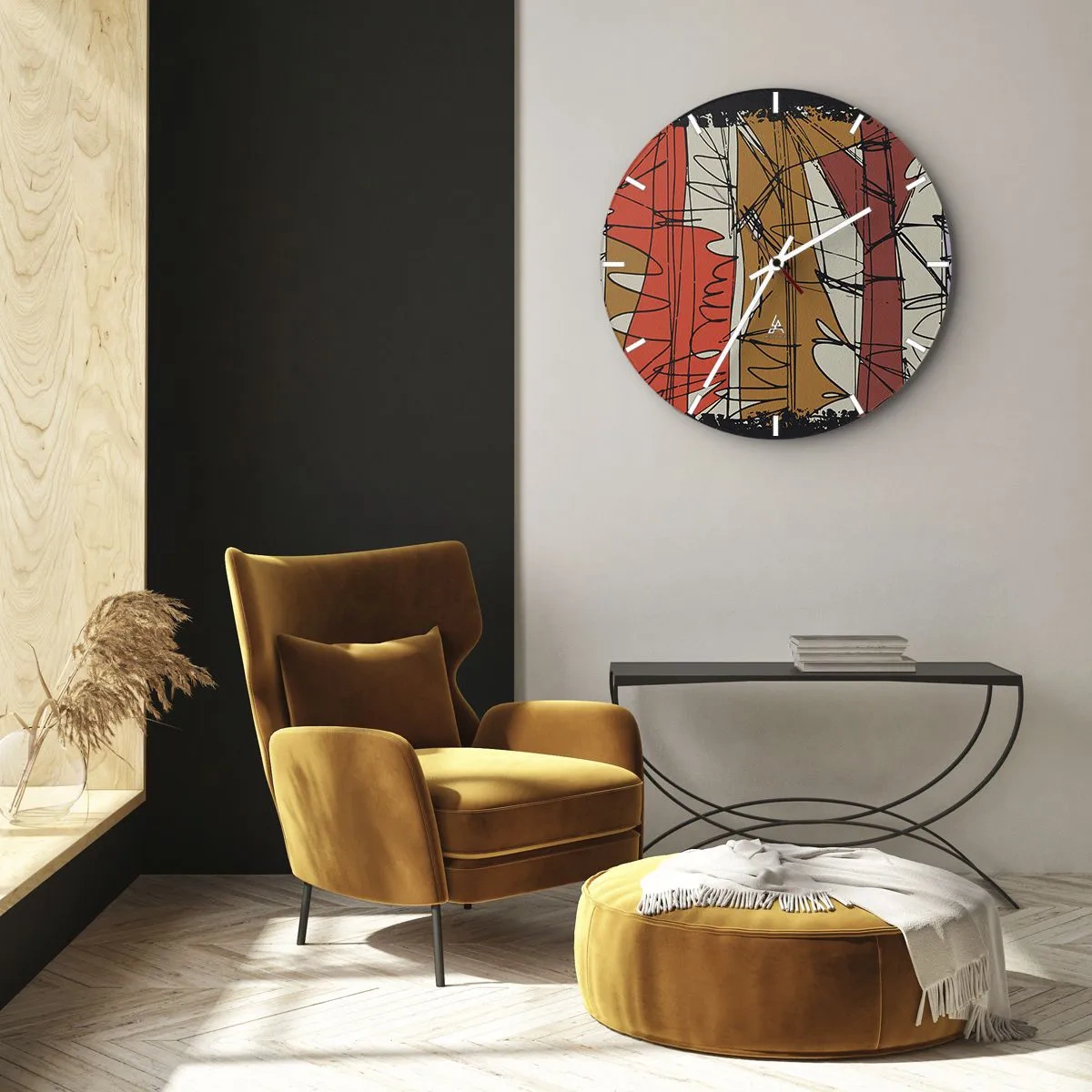 Horloge murale - Pendule murale - Lignes et taches abstraites dans une palette de couleurs chaudes - 30x30cm - Composition spontanée - Décoration murale moderne pour le salon, la cuisine et la chambre ARTTOR