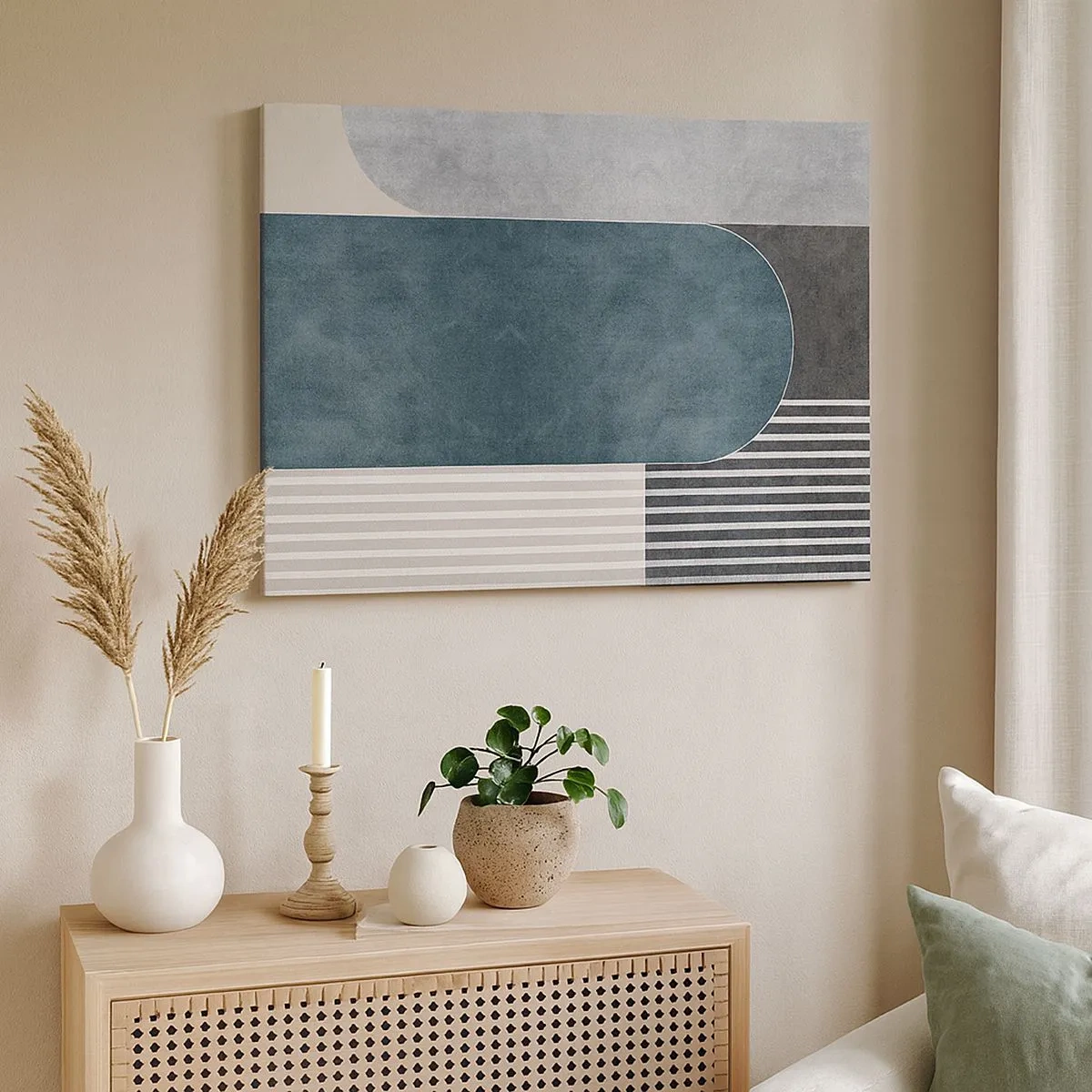 Impression sur toile - Image sur toile - Abstraction géométrique dans les tons de gris et de vert - 70x50cm - Composition de niveaux - Décoration murale moderne pour le salon et la chambre ARTTOR