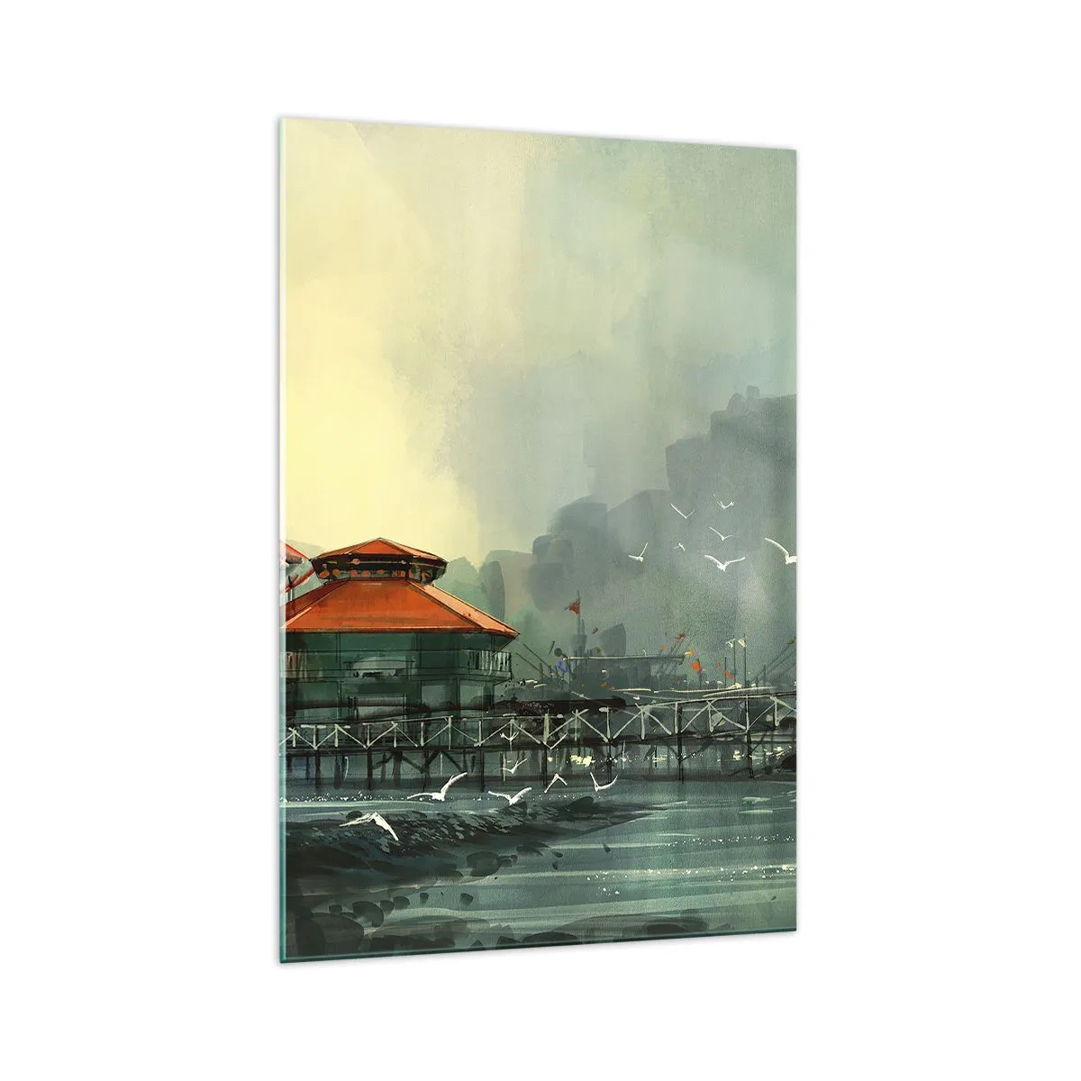 Impression sur verre - Image sur verre - Bâtiments portuaires dans un paysage pluvieux avec des mouettes - 70x100cm - Une journée ensoleillée au port - Décoration murale moderne pour le salon et la chambre ARTTOR