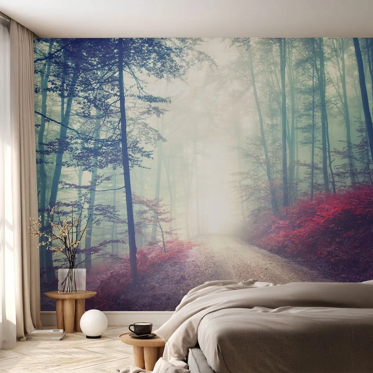 Papier Peint Photo Premium Sand - Comme c'est bon de se lever à l'aube - Paysage, Forêt, Route forestière - 150x105 cm