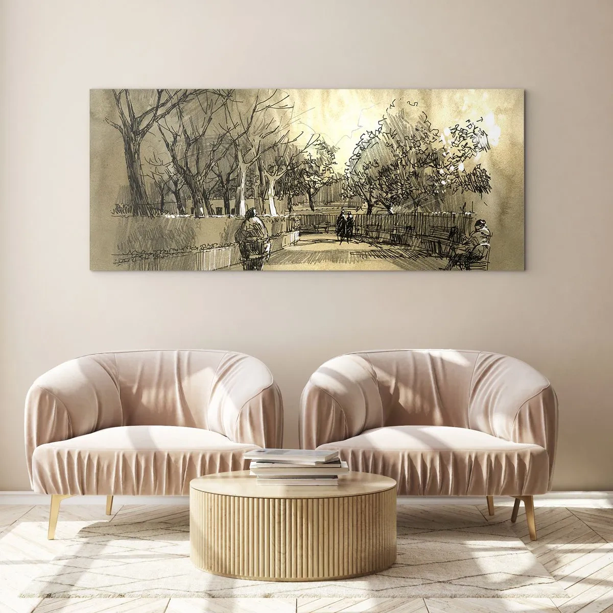 Impression sur verre - Image sur verre - Une scène de dessin animé d'un parc avec des gens marchant dans des tons chauds. - 120x50cm - Un moment arrêté avec une plume - Décoration murale moderne pour le salon et la chambre ARTTOR