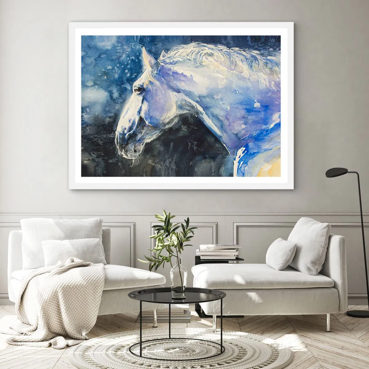 Affiche dans un cadre blanc - Poster - Portrait dans une lueur azur - 40x30 cm