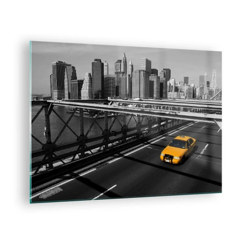 Impression sur verre - Image sur verre - Un taxi jaune sur un pont surplombant Manhattan - 70x50cm - Couleur de la grande ville - Décoration murale moderne pour le salon et la chambre ARTTOR