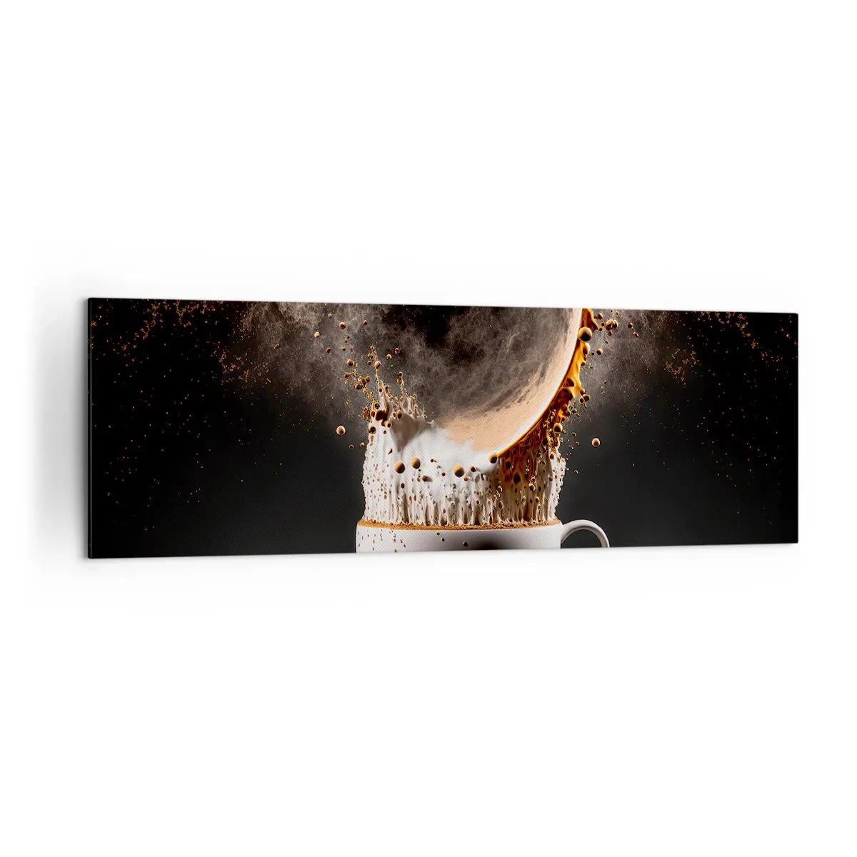 Impression sur toile - Image sur toile - Une tasse de café avec une explosion dynamique de liquide sur fond noir. - 160x50cm - Une explosion de saveur - Décoration murale moderne pour le salon et la chambre ARTTOR