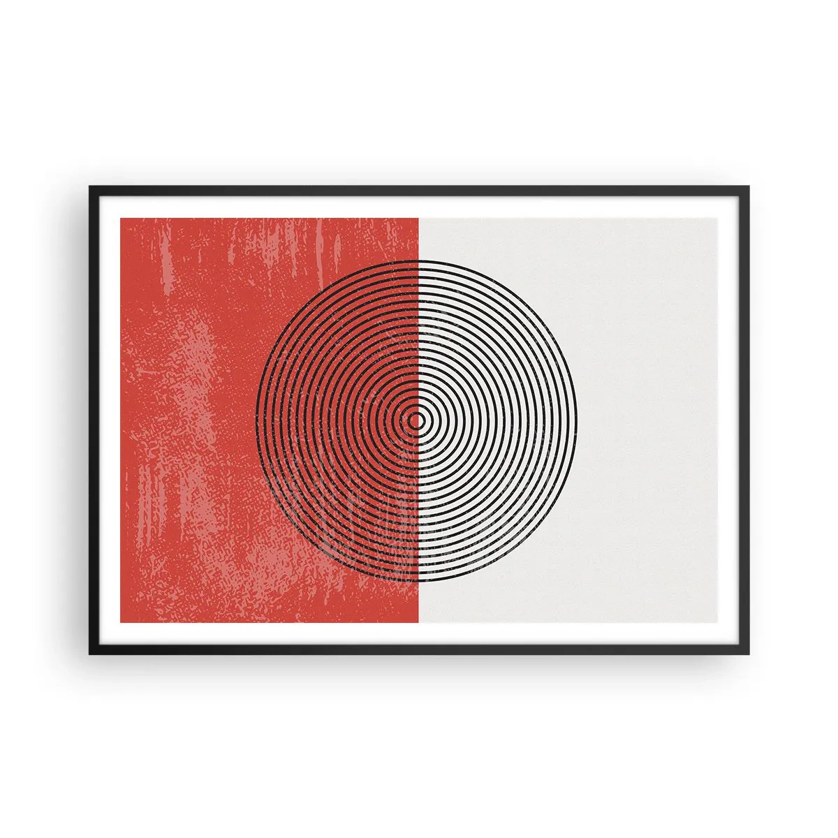 Affiche dans un cadre noir - Poster - Motif géométrique avec des cercles concentriques sur un fond rouge et blanc - 100x70cm - Dans le mille - Décoration murale moderne pour le salon et la chambre ARTTOR
