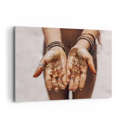Impression sur toile - Image sur toile - Gros plan des mains avec des paillettes dans des tons chauds - 120x80cm - Un don pour vous - Décoration murale moderne pour le salon et la chambre ARTTOR
