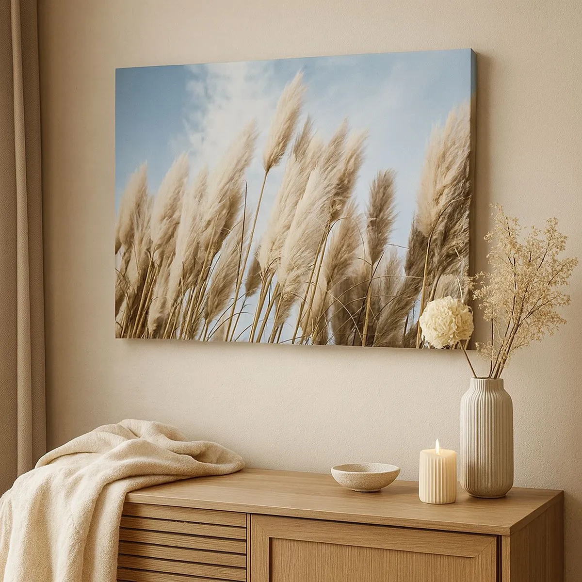 Impression sur toile - Image sur toile - Herbes de pampa délicates contre un ciel bleu avec des nuages légers - 70x50cm - Caresse ensoleillée et venteuse - Décoration murale moderne pour le salon et la chambre ARTTOR