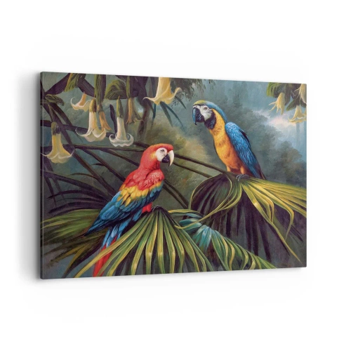 Impression sur toile - Image sur toile - Perroquets dans une forêt tropicale avec des fleurs exotiques en arrière-plan - 120x80cm - Romantisme dans les tropiques - Décoration murale moderne pour le salon et la chambre ARTTOR
