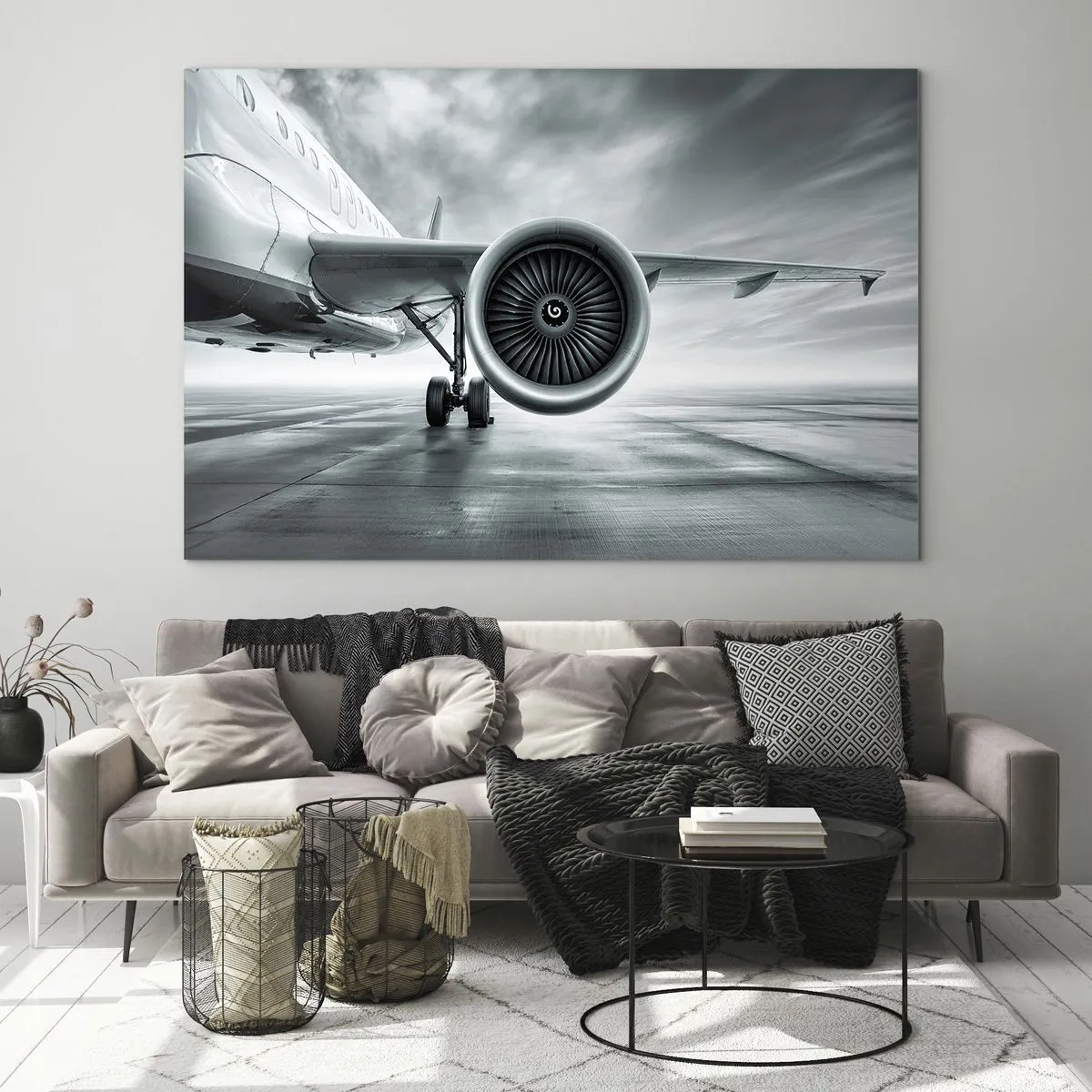 Impression sur verre - Image sur verre - La turbine d'un avion de ligne sur la piste à l'aube - 120x80cm - Sent la force! - Décoration murale moderne pour le salon et la chambre ARTTOR