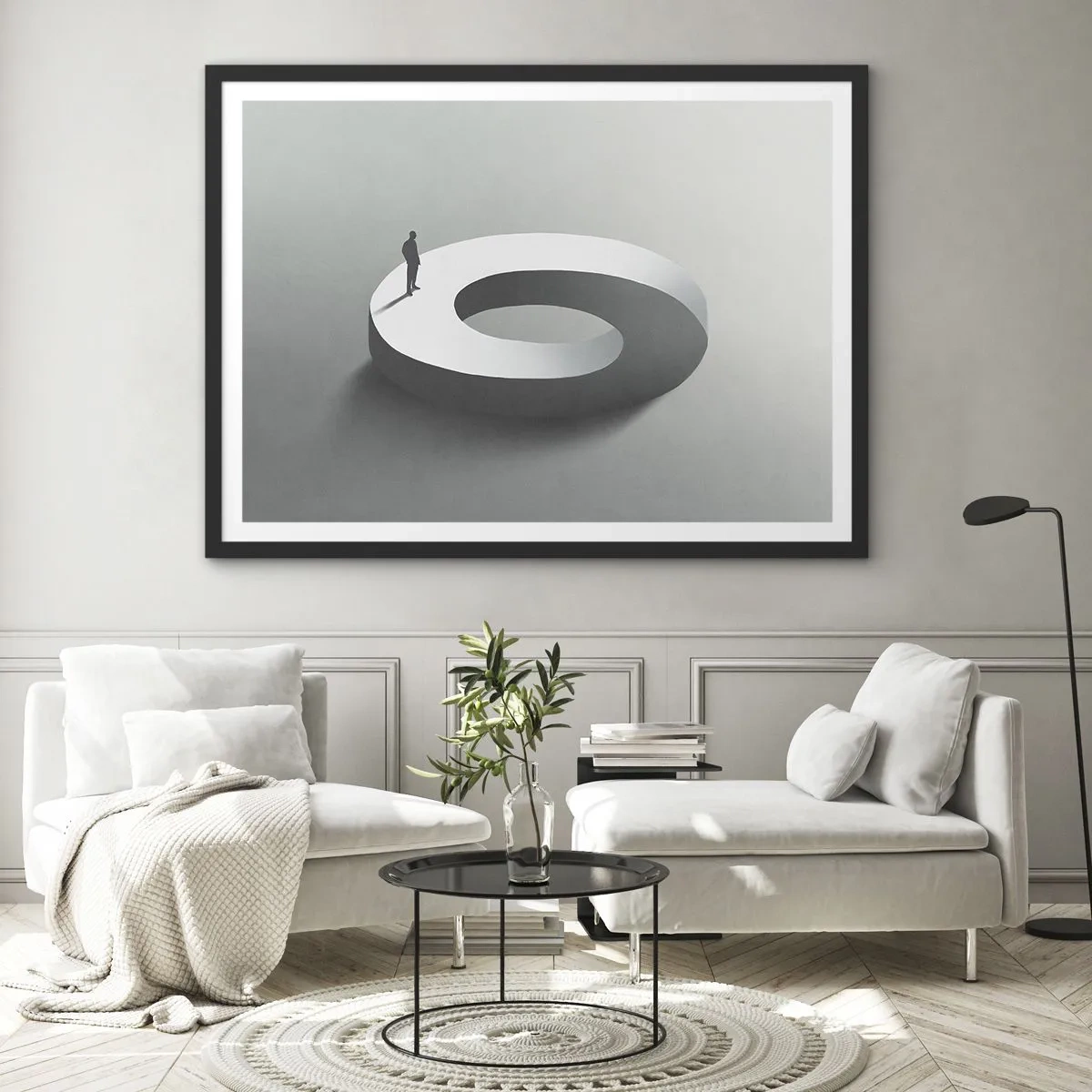 Affiche dans un cadre noir - Poster - Un homme sur une structure grise et abstraite - 70x50cm - Et sois intelligent ici - Décoration murale moderne pour le salon et la chambre ARTTOR