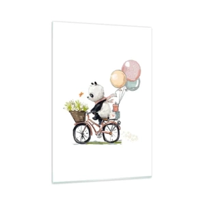 Impression sur verre - Image sur verre - Panda sur un vélo avec des ballons et des fleurs - 80x120cm - Jour de chance - Décoration murale moderne pour le salon et la chambre ARTTOR