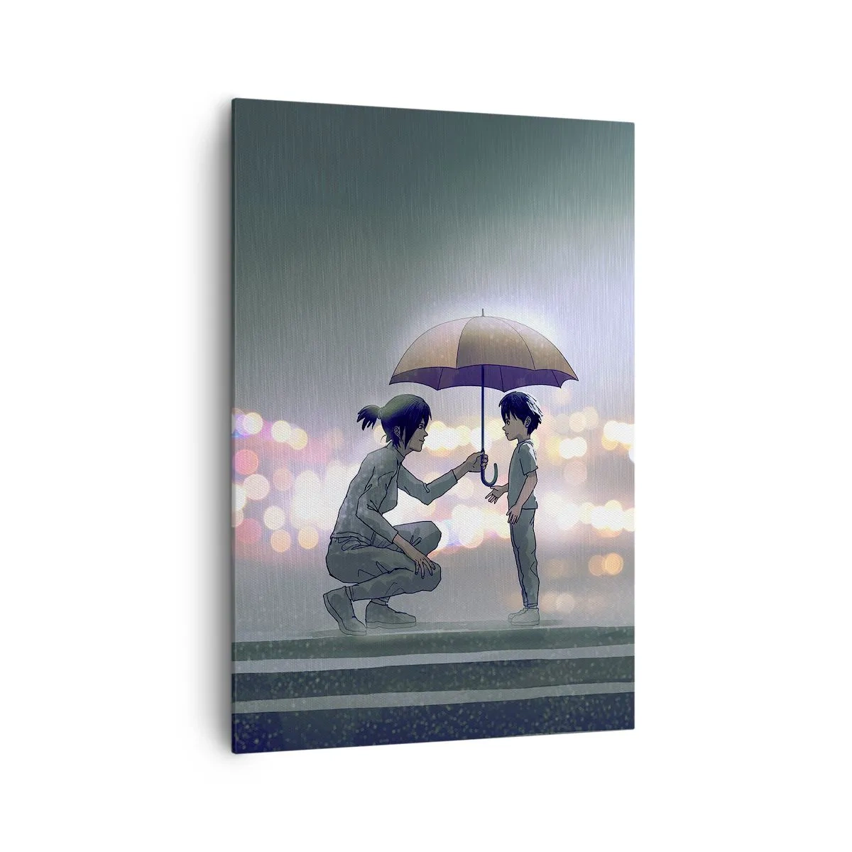 Impression sur toile - Image sur toile - Une silhouette avec un parapluie protégeant un enfant sur fond de lumières nocturnes. - 70x100cm - Et maintenant, tout va bien - Décoration murale moderne pour le salon et la chambre ARTTOR