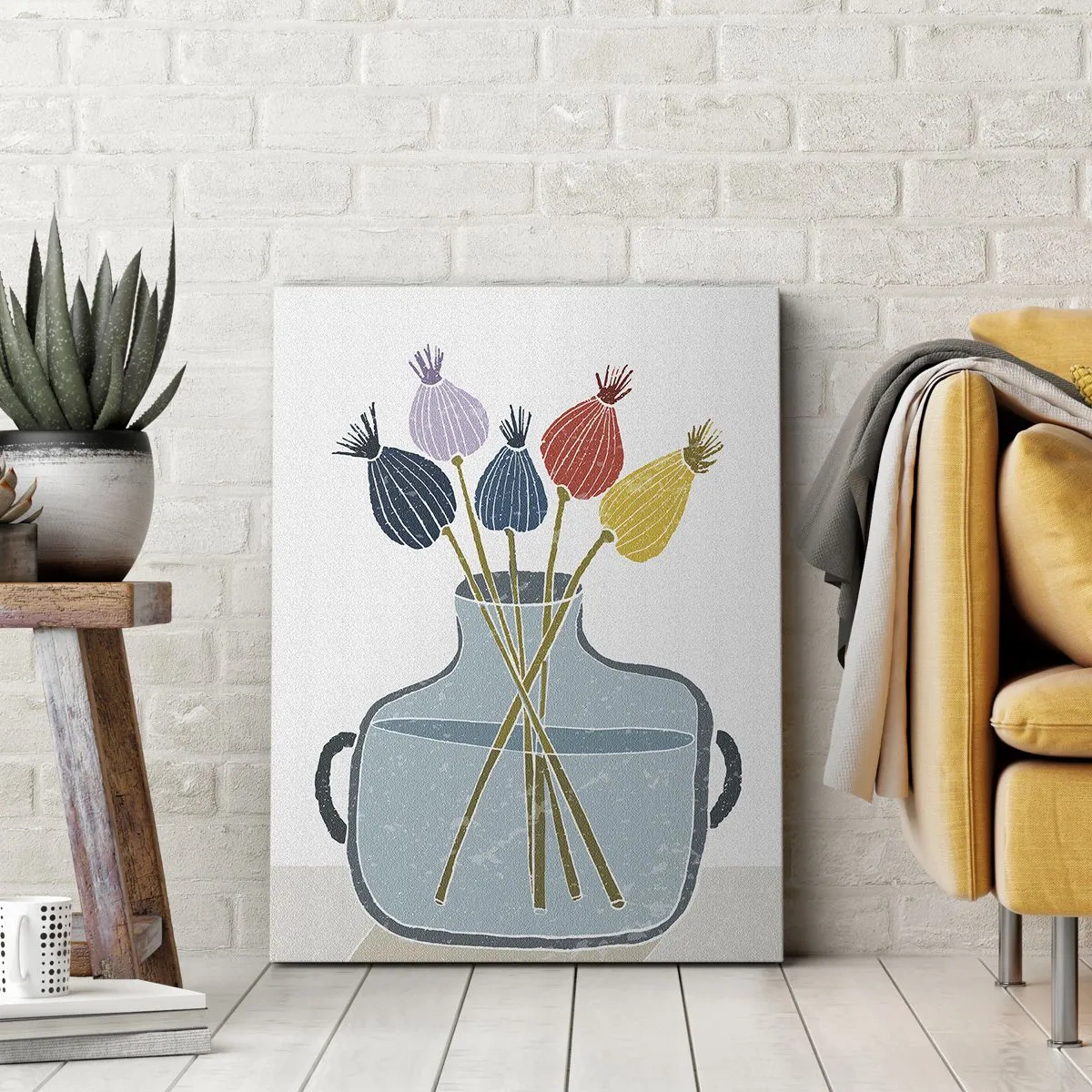 Impression sur toile - Image sur toile - Fleurs séchées colorées dans un vase sur fond blanc - 80x120cm - Comme s'il avait semé des graines de pavot - Décoration murale moderne pour le salon et la chambre ARTTOR