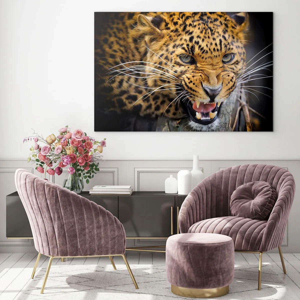 Impression sur verre - Image sur verre - Gros plan d'un léopard agressif avec des détails clairs - 120x80cm - Reste en retrait, je te préviens ! - Décoration murale moderne pour le salon et la chambre ARTTOR