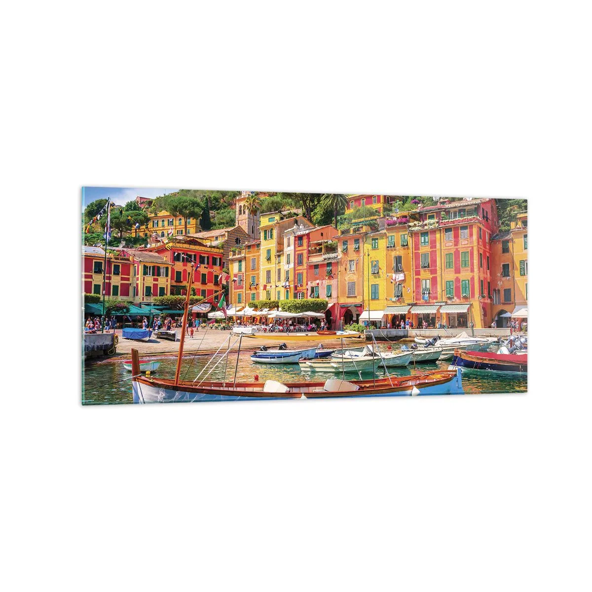 Impression sur verre - Image sur verre - Maisons de ville colorées et bateaux dans une ville balnéaire italienne - 120x50cm - Matinée italienne - Décoration murale moderne pour le salon et la chambre ARTTOR