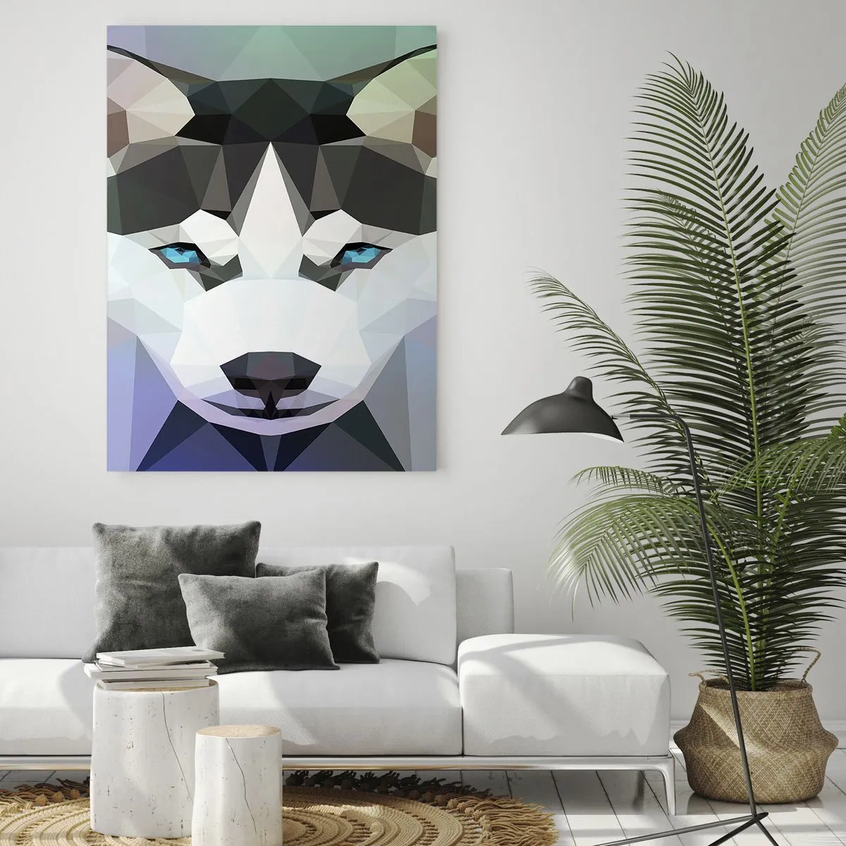 Impression sur verre - Image sur verre - Loup géométrique aux yeux bleus expressifs - 70x100cm - La mémoire des neiges du nord - Décoration murale moderne pour le salon et la chambre ARTTOR