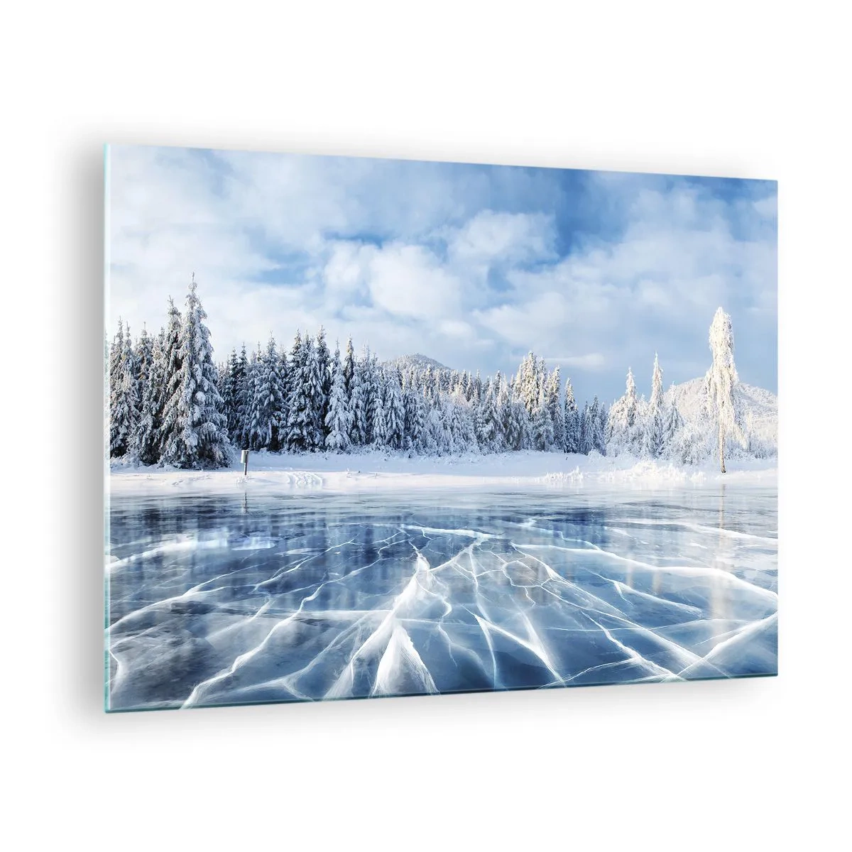 Impression sur verre - Image sur verre - Un lac gelé entouré d'une forêt hivernale - 70x50cm - Vue éblouissante et cristalline - Décoration murale moderne pour le salon et la chambre ARTTOR
