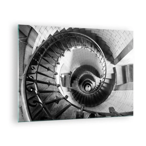 Impression sur verre - Image sur verre - Photo en noir et blanc d'un escalier en colimaçon en perspective - 70x50cm - De plus en plus haut - Décoration murale moderne pour le salon et la chambre ARTTOR