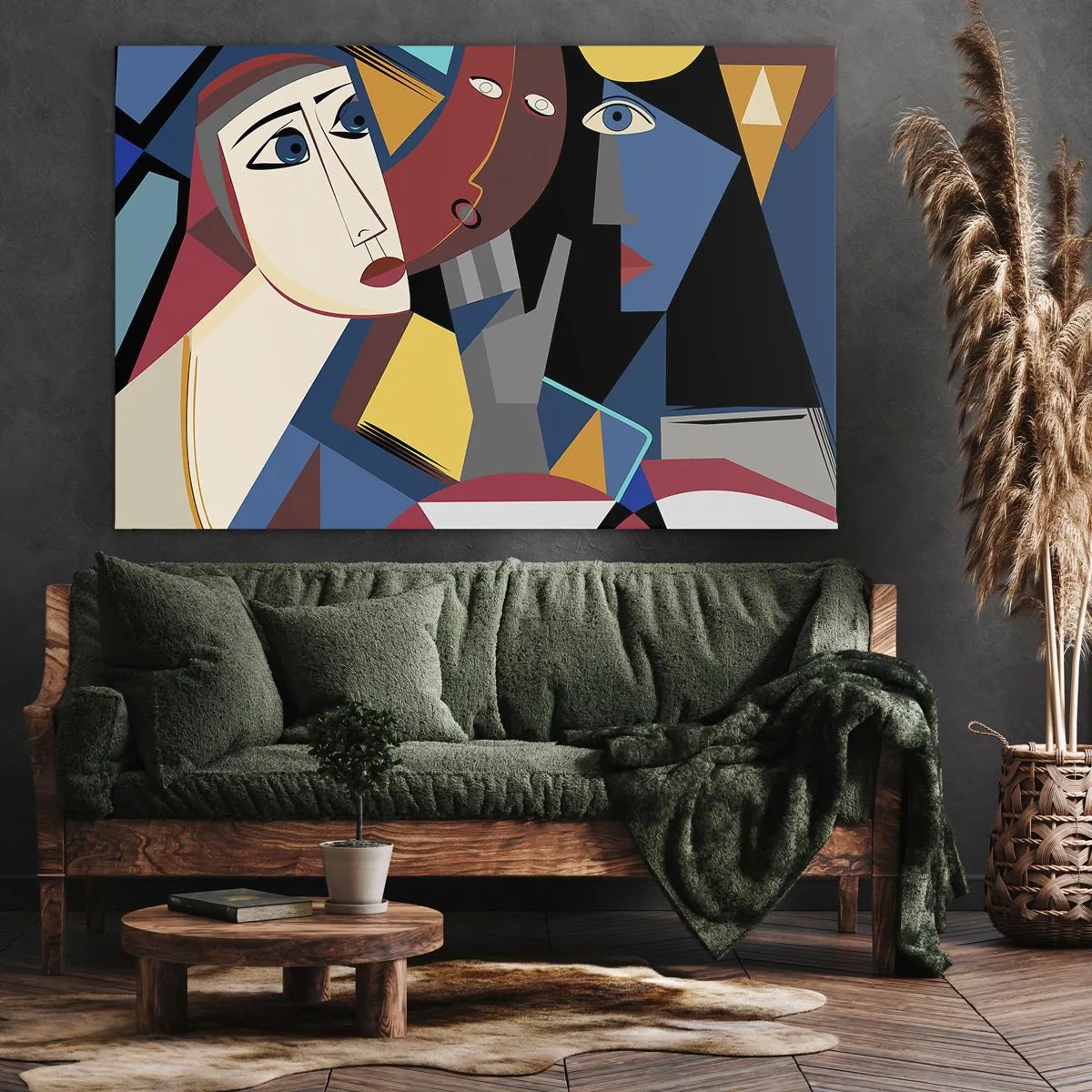 Impression sur toile - Image sur toile - Visages cubistes aux couleurs intenses - 120x80cm - Une conversation entre cubistes - Décoration murale moderne pour le salon et la chambre ARTTOR